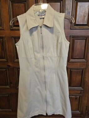 La Belle Denim Dress Juniors Sz 7 Beige Sleeveless Collared Zip Front A-Line Vtg